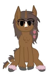Size: 1958x2918 | Tagged: safe, artist:antique1899, derpibooru import, oc, oc:strawberry cocoa, unofficial characters only, monster pony, pony, unicorn, derpibooru community collaboration, 2021 community collab, accessories, chest fluff, colored hooves, digital art, ear fluff, female, food, looking at you, mare, segmented tail, simple background, sitting, smiling, solo, strawberry, tail, transparent background, unshorn fetlocks