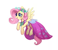 Size: 2229x1896 | Tagged: safe, artist:lunnita_pony, derpibooru import, fluttershy, pegasus, pony, a canterlot wedding, alternate hairstyle, bridesmaid dress, clothes, cute, dress, female, mare, shyabetes, simple background, smiling, solo, white background