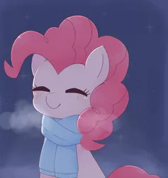 Size: 1941x2048 | Tagged: safe, artist:arrow__root, derpibooru import, pinkie pie, earth pony, pony, blushing, bust, clothes, cute, diapinkes, eyes closed, female, mare, night, scarf, smiling, solo, stars, visible breath, winter