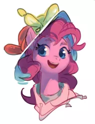 Size: 610x799 | Tagged: safe, artist:luciferamon, derpibooru import, pinkie pie, earth pony, pony, balloon, balloon hat, bust, clothes, cute, diapinkes, female, hat, hoodie, mare, open mouth, portrait, simple background, solo, white background, wip