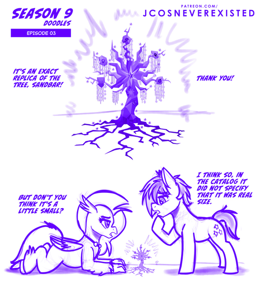 Size: 896x1024 | Tagged: safe, artist:jcosneverexisted, derpibooru import, sandbar, silverstream, tree of harmony, hippogriff, hybrid, pony, uprooted, colt, dialogue, female, lying, male, sandbar is a goddamn moron, season 9 doodles, text