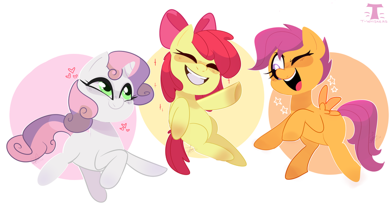 Size: 6847x3602 | Tagged: safe, artist:t-whiskers, derpibooru import, apple bloom, scootaloo, sweetie belle, earth pony, pegasus, pony, unicorn, absurd resolution, blank flank, bow, cute, cutie mark crusaders, eyes closed, female, filly, hair bow, heart, one eye closed, open mouth, smiling, trio, wink