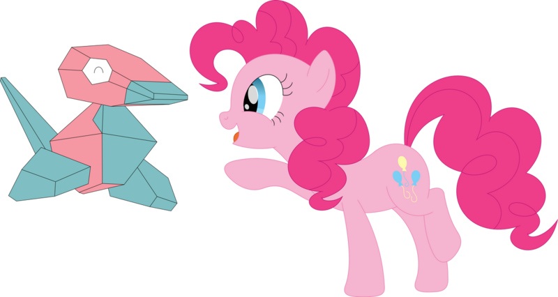 Size: 1225x652 | Tagged: safe, artist:porygon2z, derpibooru import, pinkie pie, earth pony, pony, porygon, duo, open mouth, pokémon, simple background, transparent background, vector