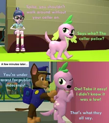 Size: 1920x2160 | Tagged: safe, artist:red4567, derpibooru import, sci-twi, spike, spike the regular dog, twilight sparkle, dog, equestria girls, 3d, against wall, arrested, chase (paw patrol), crossover, missing accessory, paw patrol, police officer, source filmmaker, tempting fate