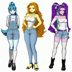 Size: 3264x3264 | Tagged: safe, artist:nairdags, derpibooru import, adagio dazzle, aria blaze, sonata dusk, equestria girls, adorasexy, annoyed, arm behind back, bare shoulders, belly button, boots, bracelet, breasts, busty adagio dazzle, busty aria blaze, busty sonata dusk, camisole, choker, cleavage, clothes, collar, combat boots, cute, daisy dukes, denim shorts, disguise, disguised siren, eye lashes, eyeshadow, feet, female, frown, hair, hair tie, hands on hip, heelys, high heels, jeans, jewelry, jorts, kneesocks, legs, long hair, long legs, looking at you, makeup, narrowed eyes, off shoulder, overall shorts, pants, pigtails, ponytail, resting bitch face, ring, ripped pants, sandals, sexy, shirt, shoes, shorts, shoulderless, shoulderless shirt, simple background, smiling, sneakers, socks, sonatabetes, stockings, stupid sexy aria blaze, the dazzlings, thigh highs, thighs, toes, torn clothes, trio, trio female, twintails, white background, zettai ryouiki
