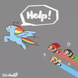 Size: 1486x1487 | Tagged: safe, artist:gamorangetana, derpibooru import, rainbow dash, pegasus, pony, double rainboom, blossom (powerpuff girls), bubbles (powerpuff girls), buttercup (powerpuff girls), cartoon network, chase, crossover, floating heart, flying, heart, open mouth, powerpuffified, running, the powerpuff girls