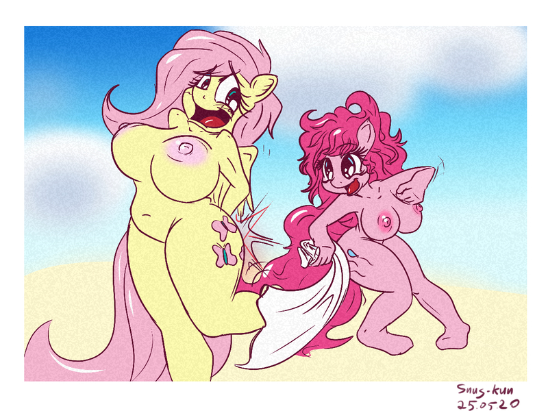 Size: 1200x900 | Tagged: questionable, artist:snus-kun, derpibooru import, fluttershy, pinkie pie, anthro, earth pony, pegasus, unguligrade anthro, belly button, big breasts, breasts, busty fluttershy, busty pinkie pie, butt touch, chubby, chubbyshy, cutie mark, digital art, duo, duo female, female, hand on butt, image, jpeg, laughing, lesbian, nipples, nudity, open mouth, plump, shipping, simple background, slap, slapping, spanking, tail, thighs, towel, towel snap, wide hips