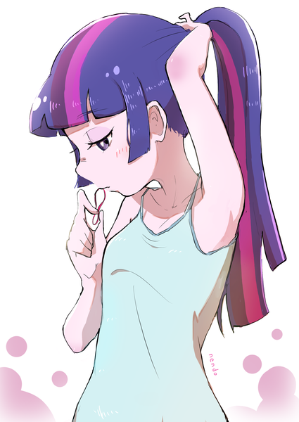 Size: 1461x2065 | Tagged: safe, artist:nendo, derpibooru import, sci-twi, twilight sparkle, equestria girls, armpits, blushing, camisole, clothes, cute, female, hairband, lidded eyes, ponytail, sleeveless, solo, tanktop, twiabetes