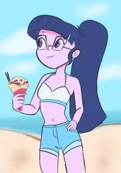 Size: 1024x1462 | Tagged: safe, artist:pettypop, derpibooru import, sci-twi, twilight sparkle, equestria girls, beach, belly button, bikini, bikini top, clothes, cloud, cute, denim shorts, eyebrows visible through hair, female, food, glasses, hand on hip, happy, holding, ice cream, looking right, midriff, outdoors, ponytail, purple eyes, purple skin, sand, shorts, sleeveless, smiling, solo, strawberry, swimsuit, tomboy, twiabetes, water