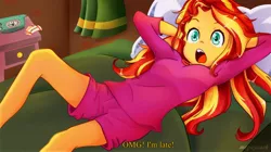 Size: 1480x830 | Tagged: safe, artist:meqiopeach, derpibooru import, sunset shimmer, equestria girls, alarm clock, anime reference, anime style, arm behind head, bed, clock, clothes, curtain, female, indoors, little witch academia, multicolored hair, open mouth, pajamas, pillow, realization, shocked, shorts, sleep shorts, solo, sunset's apartment, ticket, tomboy, turquoise eyes, watermark, yellow skin