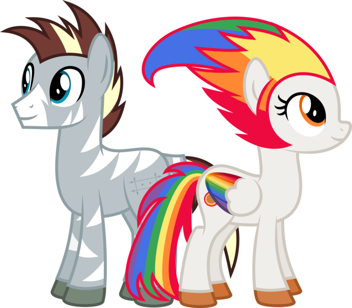 Size: 5710x5000 | Tagged: safe, artist:melisareb, derpibooru import, oc, oc:irene iridium, oc:zee zinc, ponified, unofficial characters only, object pony, original species, pegasus, pony, zebra, derpibooru community collaboration, .svg available, 2021 community collab, absurd resolution, colored wings, duo, element pony, female, gradient wings, looking up, male, mare, multicolored hair, multicolored wings, object zebra, rainbow hair, rainbow tail, rainbow wings, show accurate, simple background, stallion, transparent background, vector, wings