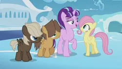 Size: 1920x1080 | Tagged: safe, derpibooru import, screencap, dumbbell, fluttershy, hoops, starlight glimmer, pegasus, pony, unicorn, the cutie re-mark, colt, female, filly, filly fluttershy, male, mare, s5 starlight, younger