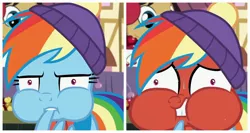 Size: 3264x1737 | Tagged: safe, artist:inflationvideo, derpibooru import, edit, edited screencap, screencap, rainbow dash, pegasus, pony, best gift ever, biting, female, impatient, mare, puffy cheeks, red face, screenshots, wing bite, wtf