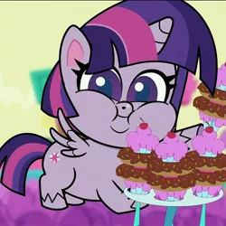 Size: 1080x1080 | Tagged: safe, derpibooru import, edit, screencap, twilight sparkle, twilight sparkle (alicorn), alicorn, pony, my little pony: pony life, pie vs. pie, spoiler:pony life s01e23, spoiler:pony life s01e39, adorafatty, chubby cheeks, cropped, cupcake, cute, donut, dough-cup-pop, eating, fat, female, food, looking at you, mare, obese, twilard sparkle