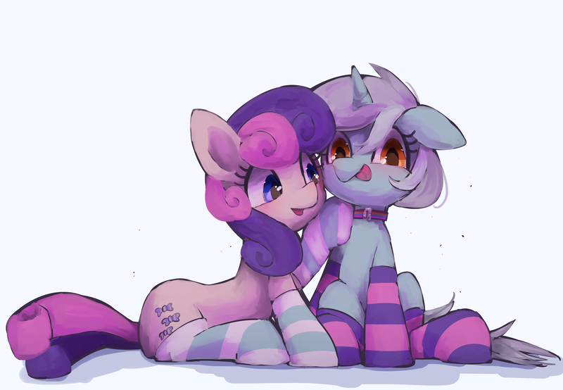 Size: 4144x2871 | Tagged: safe, artist:lexiedraw, derpibooru import, bon bon, lyra heartstrings, sweetie drops, earth pony, pony, unicorn, adorabon, clothes, collar, cute, female, lesbian, licking, licking lips, lyrabetes, lyrabon, shipping, simple background, smiling, socks, striped socks, tongue out, white background