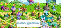 Size: 2312x1080 | Tagged: safe, derpibooru import, screencap, lyra heartstrings, mistmane, unicorn, candy, candy cane, clock tower, food, game screencap, gameloft, magic mirror, ponyville, super speedy cider squeezy 6000, tree, twilight's castle