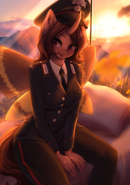 Size: 2480x3508 | Tagged: safe, artist:hikerumin, derpibooru import, oc, oc:flechette, unofficial characters only, anthro, changeling, insect, moth, mothling, mothpony, original species, bed, carabinieri, clothes, curved horn, female, gendarme, hat, horn, image, italy, peaked cap, pillow, png, red changeling, sitting, solo, species swap, uniform