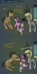 Size: 750x1500 | Tagged: safe, artist:jitterbugjive, derpibooru import, amethyst star, derpy hooves, dinky hooves, doctor whooves, time turner, earth pony, pegasus, pony, unicorn, ask discorded whooves, lovestruck derpy, 2 panel comic, comic, dialogue, doctor who, female, male, mare, nervous, stallion, tardis, the doctor