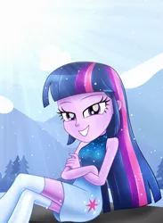 Size: 3000x4096 | Tagged: safe, artist:aryatheeditor, derpibooru import, twilight sparkle, twilight sparkle (alicorn), alicorn, equestria girls, bare shoulders, beautiful, bedroom eyes, boots, clothes, cute, cutie mark, cutie mark on clothes, digital art, dress, element of magic, female, grin, looking at you, mountain, outfit, photo, shoes, sitting, sleeveless, sleeveless turtleneck, smiling, smiling at you, snow, snowflake, socks, thigh highs, twiabetes, winter