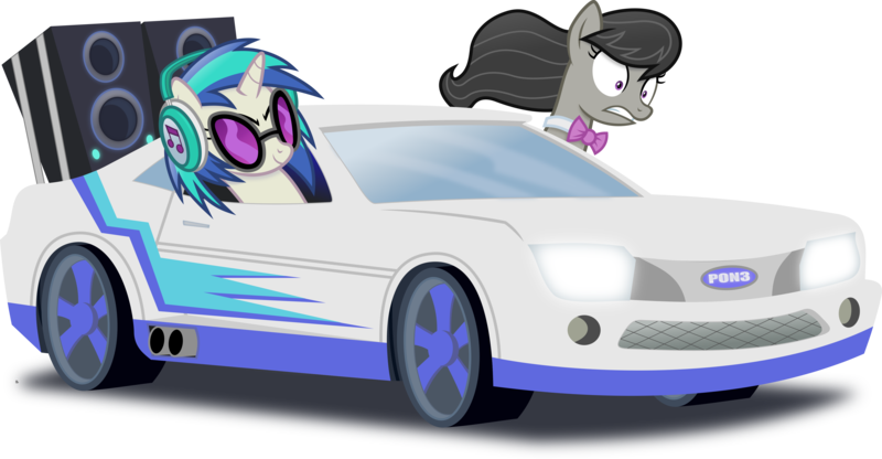 Size: 5056x2632 | Tagged: safe, artist:anime-equestria, derpibooru import, octavia melody, vinyl scratch, earth pony, unicorn, bowtie, car, duo, female, flash sentry's car, headphones, horn, lights, simple background, smiling, speakers, subwoofer, sunglasses, transparent background, vector, vinyl's glasses, worried