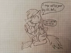 Size: 2304x1728 | Tagged: safe, artist:reicen, derpibooru import, rainbow dash, scootaloo, pegasus, pony, cute, female, filly, floating heart, graph paper, heart, hug, mare, monochrome, pencil drawing, scootalove, sibling love, sisterly love, sketch, traditional art, winghug