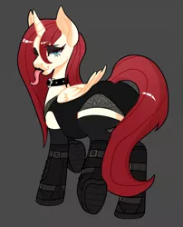 Size: 1035x1280 | Tagged: suggestive, artist:meli_meliora, derpibooru import, oc, oc:rosiesquish, alicorn, alicorn oc, bedroom eyes, black lipstick, boots, choker, clothes, horn, leather, leather boots, lipstick, long tongue, looking at you, redhead, shoes, solo, tongue out, wings