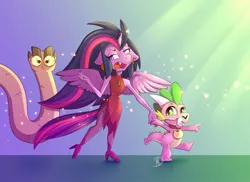 Size: 1280x931 | Tagged: safe, artist:mdragonflame, derpibooru import, owlowiscious, spike, twilight sparkle, alicorn, anthro, crossover, edalyn clawthorne, hooty the owl, king (the owl house), shiny, the owl house, twilight sparkle (alicorn)