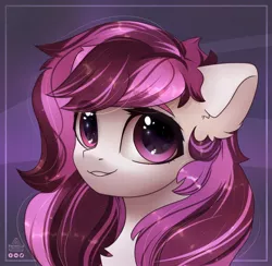 Size: 2062x2011 | Tagged: safe, artist:reterica, derpibooru import, oc, unofficial characters only, pony, abstract background, bust, chest fluff, eye clipping through hair, female, looking at you, mare, portrait, smiling, solo