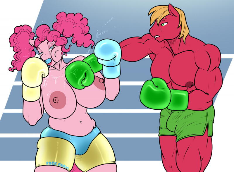 Size: 1280x941 | Tagged: questionable, artist:hellbridge, derpibooru import, big macintosh, pinkie pie, anthro, earth pony, areola, bedroom eyes, belly button, biceps, big breasts, boxing, boxing gloves, boxing ring, boxing shorts, breasts, bulges, busty pinkie pie, clothes, commission, crotch bulge, digital art, eyelashes, female, fight, great macintosh, knock out, male, male nipples, mouth guard, muscles, nipples, nudity, panties, partial nudity, pecs, plump, punch, sports, thighs, topless, underwear, wide hips