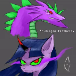 Size: 1024x1024 | Tagged: safe, artist:marky1212, artist:mrdragondeathclaw, derpibooru import, spike, twilight sparkle, dragon, pony, colored horn, colored sclera, corrupted, corrupted spike, corrupted twilight sparkle, curved horn, dark magic, dark twilight, dark twilight sparkle, darklight, darklight sparkle, duo, evil spike, evil twilight, gray background, green sclera, horn, magic, older, older spike, possessed, possession, simple background, sombra eyes, sombra horn