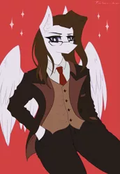 Size: 2747x4000 | Tagged: anthro, artist:taleriko, clothes, derpibooru import, female, glasses, necktie, oc, oc:lane dark, pegasus, safe, solo, suit, three piece suit