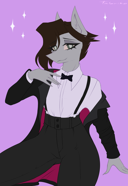 Size: 2747x4000 | Tagged: safe, artist:taleriko, derpibooru import, oc, oc:taleriko, anthro, pony, bowtie, clothes, female, image, png, solo, suit, suspenders