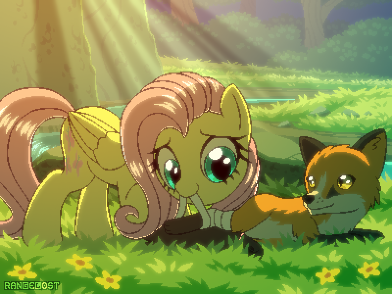 Size: 800x600 | Tagged: safe, artist:rangelost, derpibooru import, fluttershy, fox, pegasus, pony, bandage, crepuscular rays, cute, daaaaaaaaaaaw, dawwww, female, flower, forest, grass, kindness, mare, mouth hold, patreon, patreon reward, pixel art, river, scenery, shyabetes, smiling, stream, sunlight, tree, water