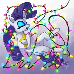 Size: 850x850 | Tagged: safe, artist:calena, derpibooru import, rarity, unicorn, 2020, adorable face, christmas, christmas lights, cute, ear fluff, floating, happy, holiday, hug, lights, pillow, pillow hug, solo, tied