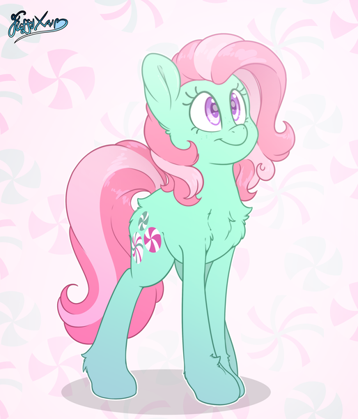 Size: 3000x3500 | Tagged: safe, artist:fluffyxai, derpibooru import, minty, earth pony, pony, abstract background, chest fluff, cute, female, mare, mintabetes, smiling, solo