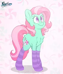 Size: 3000x3500 | Tagged: safe, artist:fluffyxai, derpibooru import, minty, earth pony, pony, abstract background, accessory, chest fluff, clothes, cute, female, fluffy, mare, mintabetes, smiling, socks, solo, striped socks, that pony sure does love socks