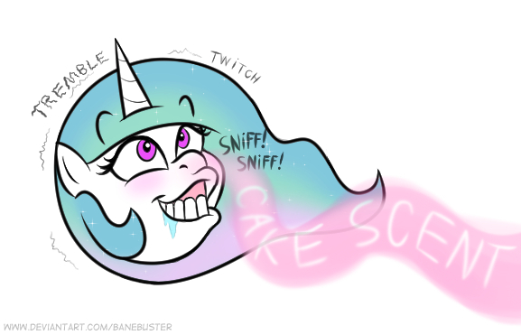 Size: 577x371 | Tagged: safe, artist:banebuster, derpibooru import, princess celestia, alicorn, series:tiny tia, blushing, cake, cakelestia, drool, flehmen response, food, horses doing horse things, simple background, sniffing, white background