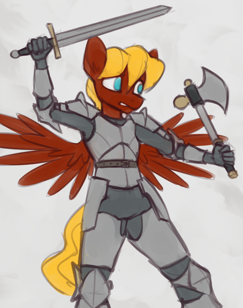 Size: 1193x1510 | Tagged: anthro, armor, artist:marsminer, axe, derpibooru import, dual wield, male, oc, oc:soul harmony, safe, solo, sword, unofficial characters only, weapon