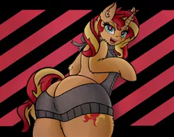 Size: 2048x1612 | Tagged: suggestive, alternate version, artist:canvymamamoo, derpibooru import, sunset shimmer, pony, unicorn, abstract background, backless, bipedal, bunset shimmer, butt, clothes, ear fluff, female, looking at you, looking back, makeup, mare, open mouth, open-back sweater, plot, shadow, sleeveless, sleeveless sweater, smiling, solo, solo female, sweater, virgin killer sweater, wingding eyes