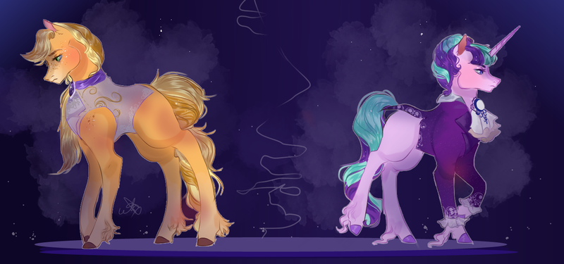 Size: 1327x622 | Tagged: safe, artist:bunnari, derpibooru import, applejack, starlight glimmer, pony, clothes