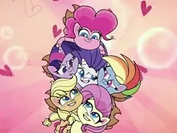 Size: 320x240 | Tagged: applejack, applejack's hat, artist:grandescartoons, big hair, bipedal, cowboy hat, derpibooru import, fluttershy, group hug, hat, hug, mane six, my little pony: pony life, pinkie pie, rainbow dash, rarity, safe, screencap, spoiler:pony life s01e24, spoiler:pony life s01e41, the debut taunt, twilight sparkle