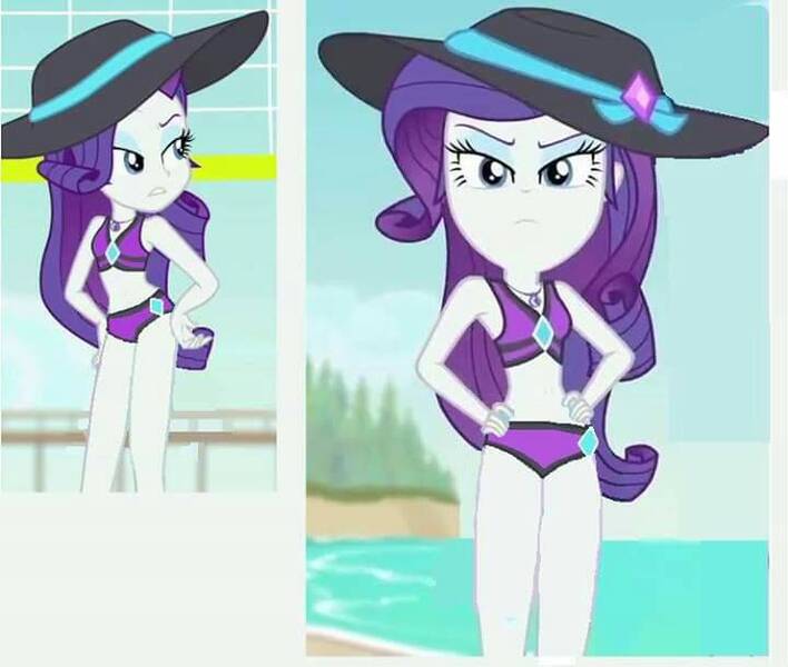 Size: 720x610 | Tagged: safe, artist:grandescartoons, derpibooru import, edit, edited screencap, screencap, rarity, equestria girls, equestria girls series, forgotten friendship, 1000 hours in ms paint, bikini, breasts, clothes, frown, geode of shielding, glare, hat, image, jpeg, lidded eyes, looking at you, magical geodes, midriff, solo, sun hat, swimsuit, swimsuit edit