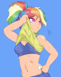 Size: 1080x1350 | Tagged: suggestive, artist:elbenjaftw, derpibooru import, rainbow dash, human, equestria girls, athletic, belly button, blue background, breasts, busty rainbow dash, clothes, erect nipples, eye clipping through hair, female, gym uniform, humanized, midriff, nipple outline, sexy, shirt, shirt lift, simple background, solo, solo female, sweat