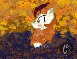 Size: 1024x792 | Tagged: safe, artist:adhiguna, artist:johnathon-matthews, derpibooru import, autumn blaze, kirin, autumn, blushing, bush, deviantart watermark, foliage, leaf, leaves, obtrusive watermark, watermark