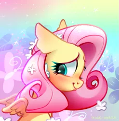 Size: 771x780 | Tagged: safe, artist:rrd-artist, derpibooru import, part of a set, fluttershy, pegasus, pony, abstract background, blushing, bust, cute, female, flower, flower in hair, looking away, looking down, mare, portrait, profile, shyabetes, small wings, smiling, solo, spread wings, wings