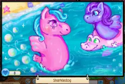 Size: 932x623 | Tagged: safe, artist:sharkledog, derpibooru import, oc, unofficial characters only, pony, sea pony, beach, duo, floaty, g1, water