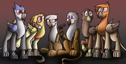 Size: 1952x1000 | Tagged: safe, artist:somber, derpibooru import, oc, oc:amalia silverwing, oc:carmelita galeforce, oc:isaac, oc:kasimir longtalons, oc:leigh, oc:serge swiftwing, unofficial characters only, gryphon, fallout equestria: longtalons, female, group, group photo, male