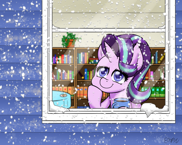 Size: 1000x800 | Tagged: safe, artist:empyu, derpibooru import, starlight glimmer, pony, unicorn, book, bookshelf, chocolate, colored pupils, female, food, hot chocolate, mare, snow, snowfall, solo, window, winter