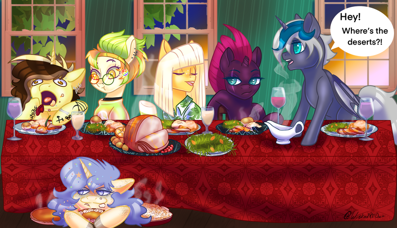 Size: 2527x1452 | Tagged: safe, artist:wicked-red-art, derpibooru import, tempest shadow, oc, oc:elizabat stormfeather, oc:marley lennon, oc:mish-mash, oc:sweet banana, oc:trail blazer (ice1517), alicorn, bat pony, bat pony alicorn, earth pony, pegasus, pony, unicorn, alcohol, alicorn oc, bat pony oc, bat wings, bisexual, broken horn, canon x oc, carrot, clothes, commission, ear piercing, earring, eating, elizablazer, elizablazershadow, eye scar, eyebrow piercing, eyes closed, female, food, food porn, freckles, friendsgiving, glass, gravy, gravy boat, grin, ham, hawaiian shirt, headband, holiday, horn, jewelry, lesbian, lip piercing, male, mare, markings, mashed potatoes, meat, multicolored hair, oc x oc, open mouth, pie, piercing, pineapple, plate, polyamory, ponies eating meat, potato, pumpkin pie, raised hoof, salad, scar, shipping, shirt, smiling, stallion, stormshadow, straight, sunglasses, table, table cloth, tattoo, thanksgiving, wall of tags, wine, wine glass, wings, ych result