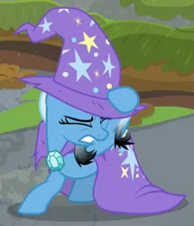 Size: 849x988 | Tagged: safe, derpibooru import, screencap, trixie, pony, unicorn, a horse shoe-in, cape, clothes, cropped, eyes closed, hat, trixie's cape, trixie's hat